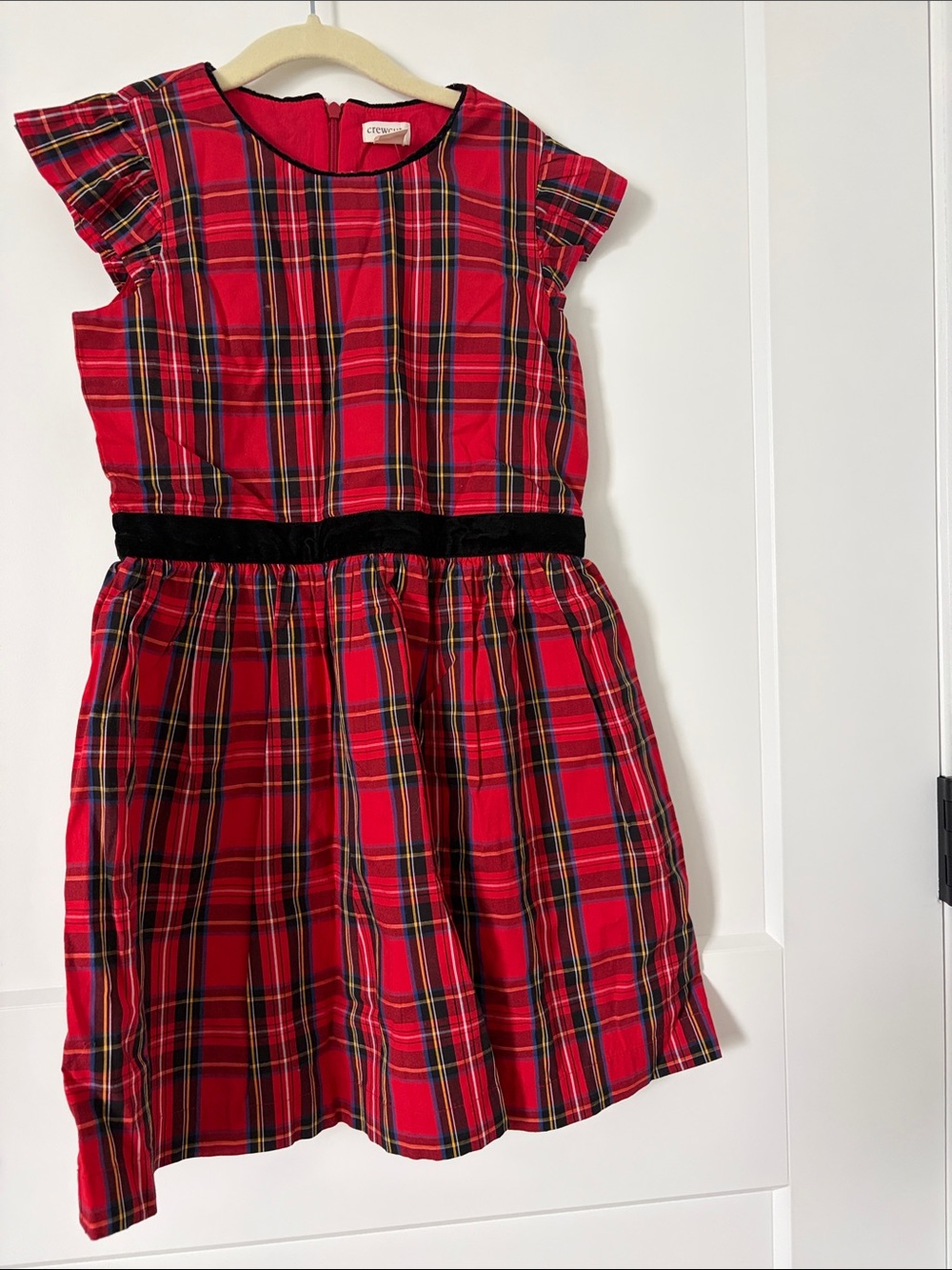 J. Crew Red Plaid Dress with Black Velvet Waistband